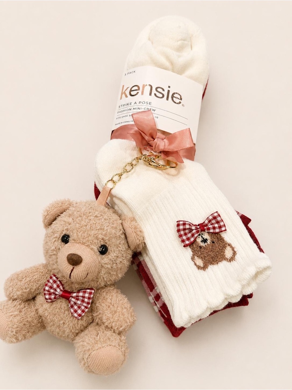 Kensie Kids White & Maroon Teddy Bear Sock Set with Plush Keychain